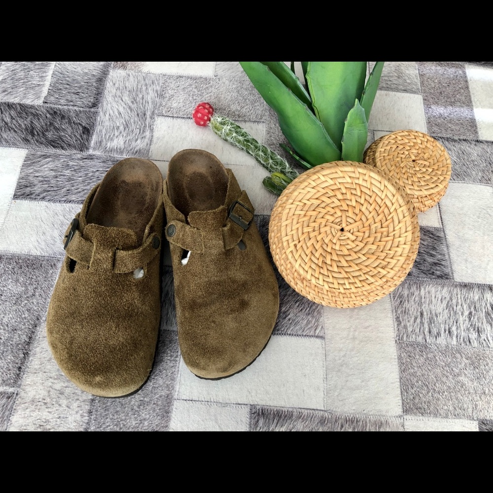 Birkenstock Boston Green Brown Suede Clogs 38 7